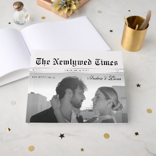 Vintage Wedding Newspaper Photo & Monogram Elegant Guest Book