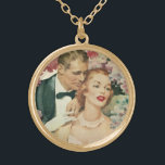 Vintage Wedding Portrait, Retro Bride and Groom Gold Plated Necklace<br><div class="desc">Vintage illustration love and romance wedding image featuring a floral portrait with a bride in her wedding gown and the groom in his tuxedo surrounded by pink and white flowers.</div>