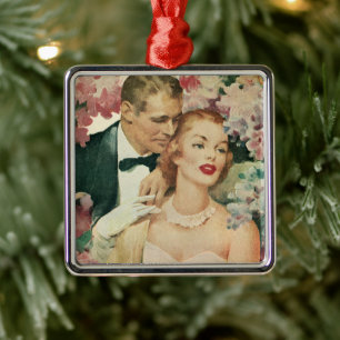 Vintage Wedding Portrait, Retro Bride and Groom Metal Ornament