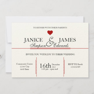 Vintage wedding red heart old style invitation