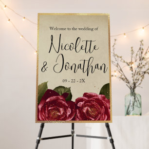 Vintage Wedding Red Roses and Gold on Parchment Foam Board