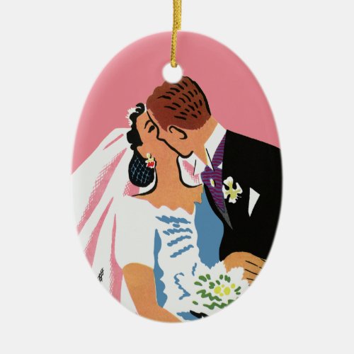 Vintage Wedding Retro Bride and Groom Kissing Ceramic Ornament