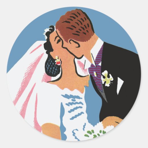 Vintage Wedding Retro Bride and Groom Kissing Classic Round Sticker