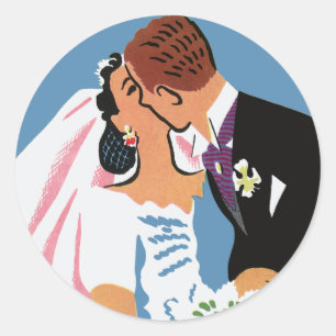Vintage Wedding, Retro Bride and Groom Kissing Classic Round Sticker