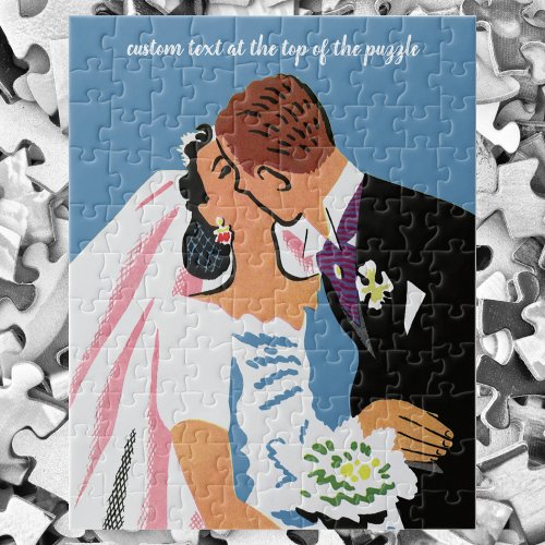 Vintage Wedding Retro Bride and Groom Kissing Jigsaw Puzzle