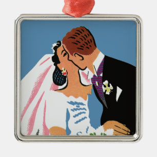 Vintage Wedding, Retro Bride and Groom Kissing Metal Ornament