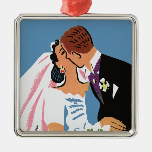 Vintage Wedding Retro Bride and Groom Kissing Metal Ornament