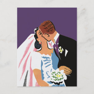 Vintage Wedding, Retro Bride and Groom Kissing Postcard
