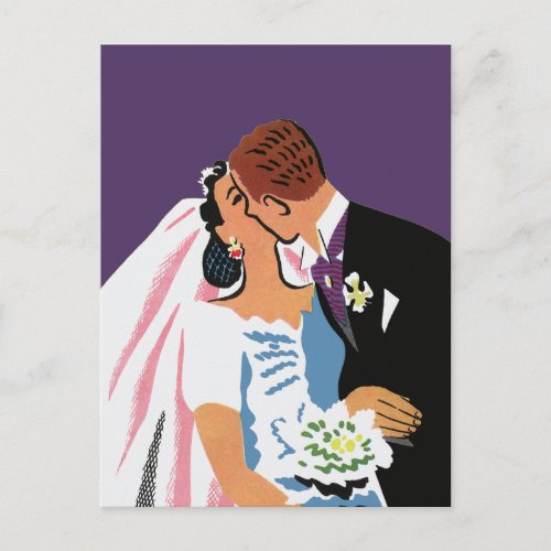 Vintage Wedding Retro Bride and Groom Kissing Postcard
