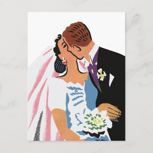 Vintage Wedding Retro Bride and Groom Kissing Postcard