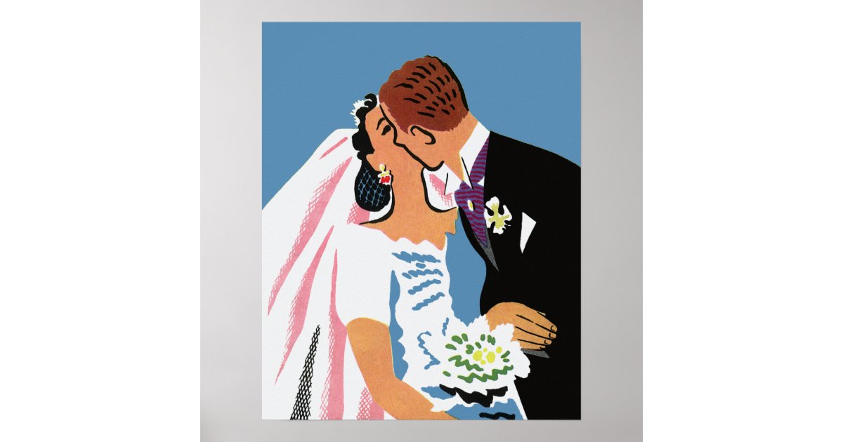 Vintage Wedding, Retro Bride and Groom Kissing Poster | Zazzle