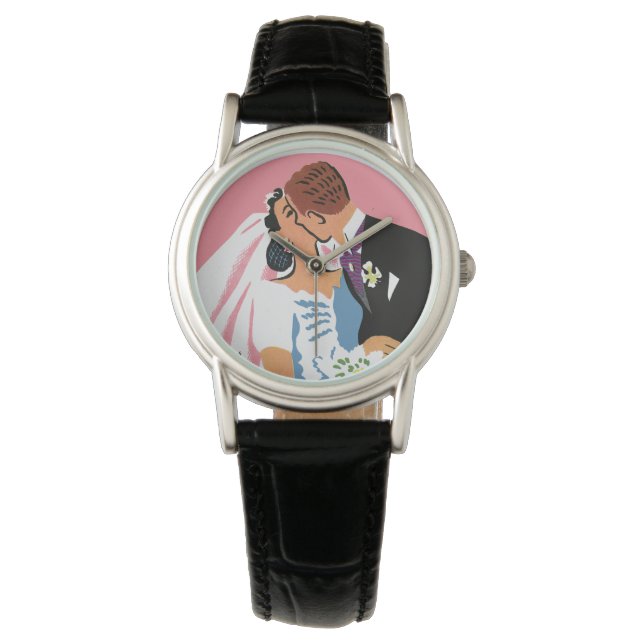 Vintage Wedding, Retro Bride and Groom Kissing Watch (Front)