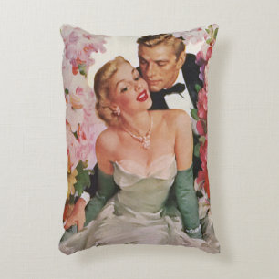Vintage Wedding, Retro Bride and Groom Newlyweds Accent Pillow