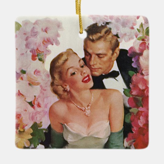 Vintage Wedding, Retro Bride and Groom Newlyweds Ceramic Ornament