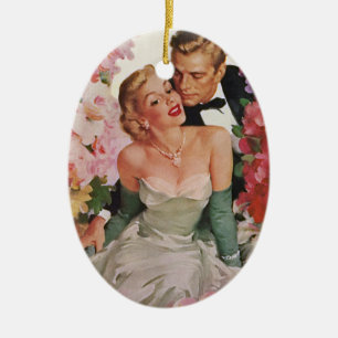 Vintage Wedding, Retro Bride and Groom Newlyweds Ceramic Ornament