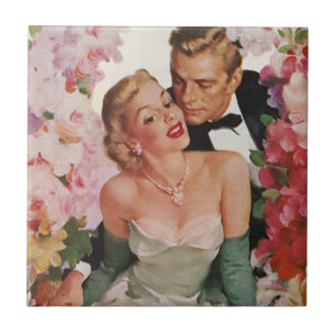 Vintage Wedding, Retro Bride and Groom Newlyweds Ceramic Tile