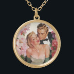 Vintage Wedding, Retro Bride and Groom Newlyweds Gold Plated Necklace<br><div class="desc">Vintage illustration love and romance design featuring a bride in her wedding gown and the groom in his tuxedo. The happy newlywed couple is surrounded by beautiful pink and white floral garden flowers.</div>