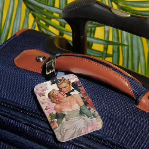 Vintage Wedding, Retro Bride and Groom Newlyweds Luggage Tag