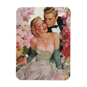Vintage Wedding, Retro Bride and Groom Newlyweds Magnet