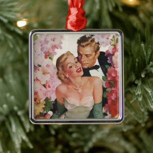 Vintage Wedding, Retro Bride and Groom Newlyweds Metal Ornament