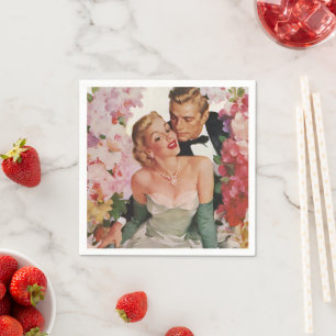 Vintage Wedding, Retro Bride and Groom Newlyweds Napkins
