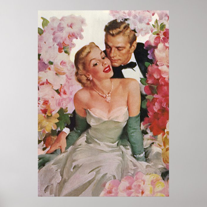 Vintage Wedding, Retro Bride and Groom Newlyweds Poster
