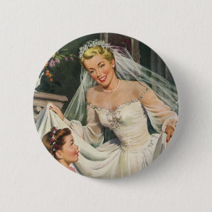 Vintage Wedding, Retro Bride with Flower Girl Button