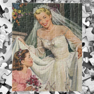 Vintage Wedding, Retro Bride with Flower Girl Jigsaw Puzzle