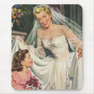 Vintage Wedding, Retro Bride with Flower Girl Mouse Pad