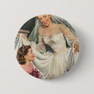 Vintage Wedding, Retro Bride with Flower Girl Pinback Button