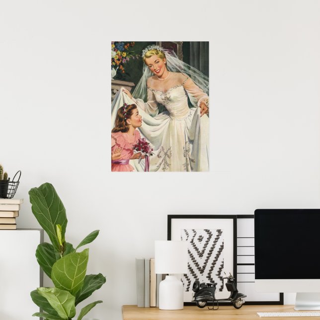 Vintage Wedding, Retro Bride with Flower Girl Poster (Home Office)
