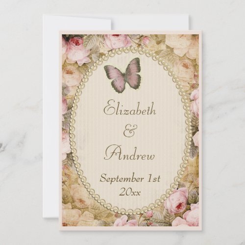 Vintage Wedding Roses Butterfly Music Notes Invitation