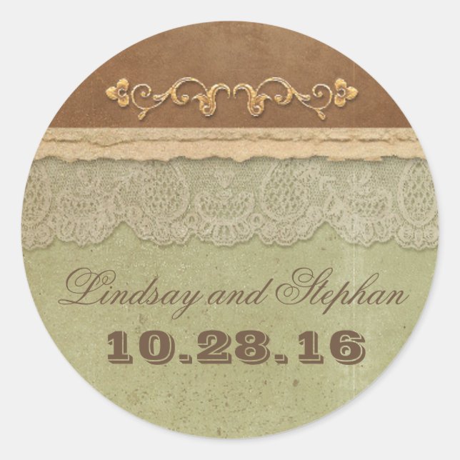 Vintage wedding sticker with rustic ivory lace (Front)