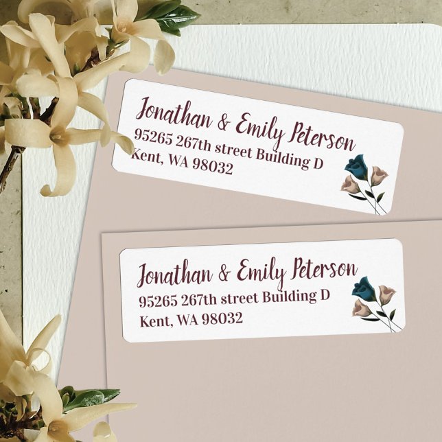 Vintage Wedding Teal, Beige Roses Address Label (Teal Beige Roses Wedding Invitation Address Label, Burgundy Script Writing)