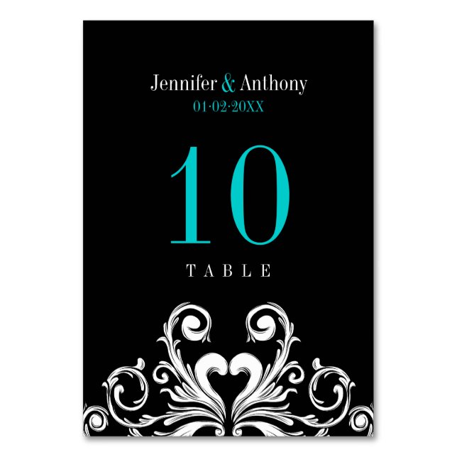 Vintage Wedding Teal Black Table Number Card (Front)