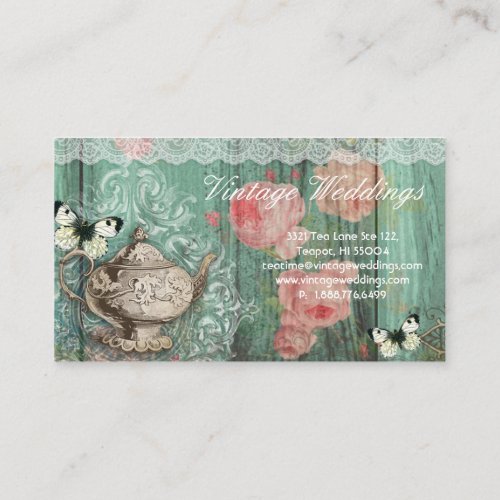 Vintage Wedding Teapot Roses Green Butterflies Business Card
