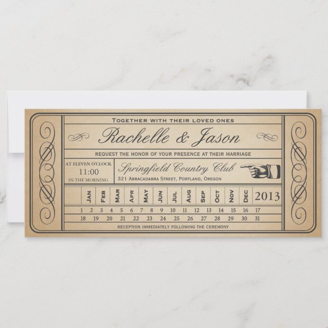 Vintage Wedding Ticket  II  Punchout Invitation (Front)