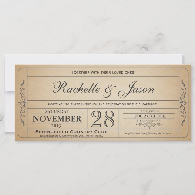 Vintage Wedding Ticket  Invitation (Front)