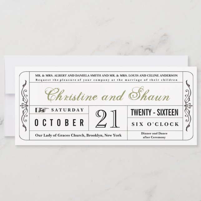 Vintage Wedding Ticket Invitation in Olive Green (Front)