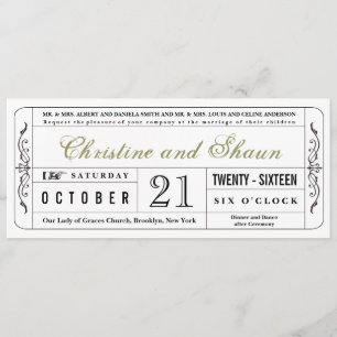 Vintage Wedding Ticket Invitation in Olive Green