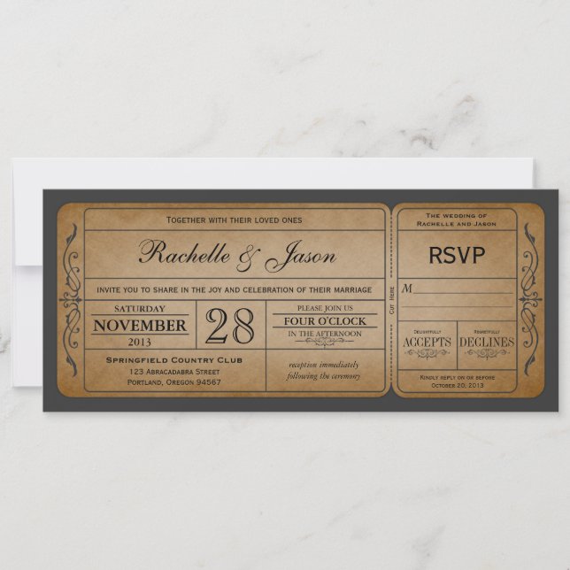 Vintage Wedding Ticket  Invitation with RSVP (Front)