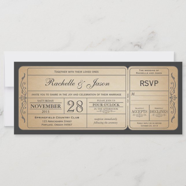 Vintage Wedding Ticket  Invitation with RSVP (Front)