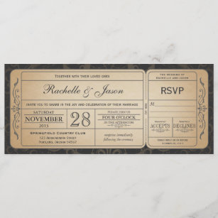Red Vintage Heart Cinema Ticket Pass Wedding Invitation Cards Invite