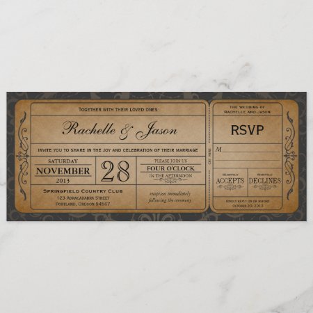 Vintage Wedding Ticket  Invitation With Rsvp 3.0