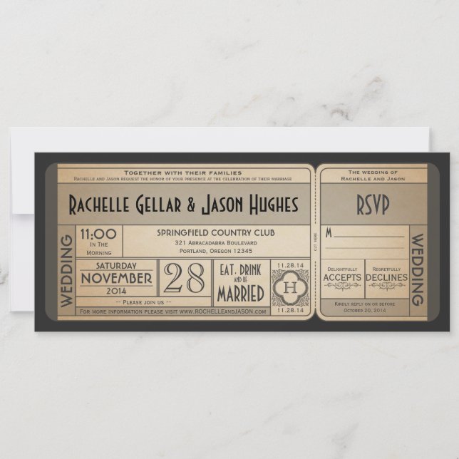 Vintage Wedding Ticket Invitation with RSVP II (Front)