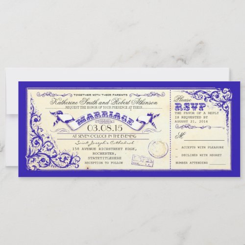 vintage wedding tickets &amp; blue elegant flourishes announcement