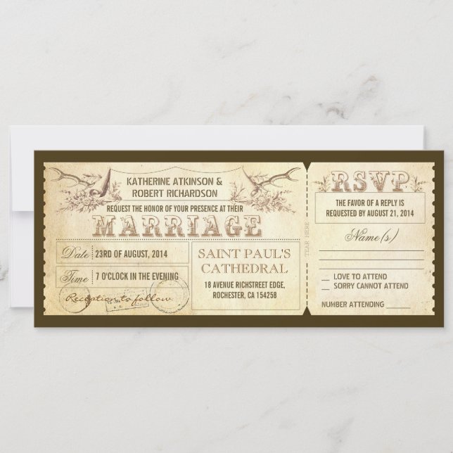 Vintage Wedding Tickets with Deer Antlers Invitation (Front)