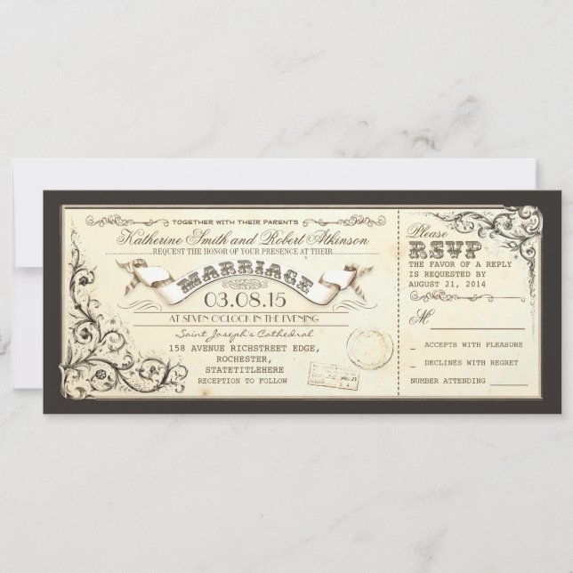 vintage wedding tickets with elegant flourishes invitation (Front)