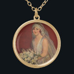 Vintage Wedding, Victorian Bride Bridal Portrait Gold Plated Necklace<br><div class="desc">Vintage illustration love and romance wedding image featuring a bride in her wedding gown and veil holding her wedding bouquet of white flowers sitting for a portrait.</div>