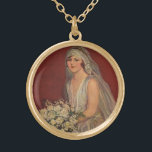 Vintage Wedding, Victorian Bride Bridal Portrait Gold Plated Necklace<br><div class="desc">Vintage illustration love and romance wedding image featuring a bride in her wedding gown and veil holding her wedding bouquet of white flowers sitting for a portrait.</div>